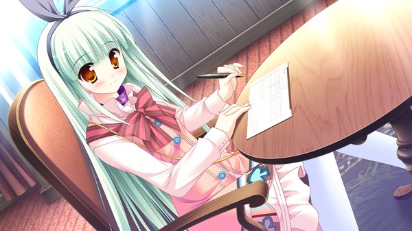 Anime picture 1280x720 with diamic days lump of sugar himenogawa kotora sesena yau single long hair blush wide image game cg green hair loli orange eyes girl dress