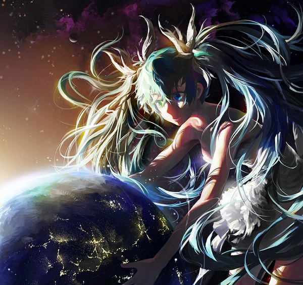 Anime picture 1000x941 with vocaloid hatsune miku modare single highres blue eyes wide image twintails bare shoulders blue hair very long hair sunlight sleeveless space giant girl dress moon star (stars) planet
