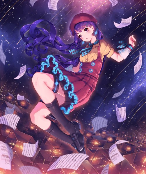 Anime picture 1800x2153 with vocaloid xin hua fangxiang cuoluan single long hair tall image looking at viewer blush fringe highres purple eyes purple hair nail polish wavy hair spread arms space falling girl socks black socks
