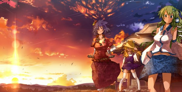 Anime picture 1127x570 with touhou kochiya sanae moriya suwako yasaka kanako ryouma (galley) long hair fringe short hair blonde hair smile red eyes wide image multiple girls sky purple hair cloud (clouds) green hair wind hair over one eye evening