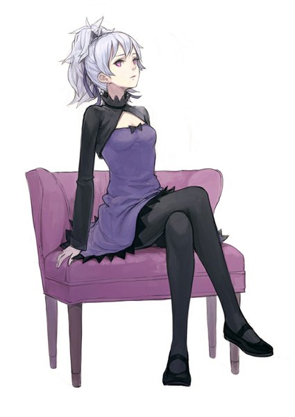 Anime picture 730x1030 with darker than black studio bones yin (darker than black) fkey single long hair tall image looking at viewer simple background white background sitting silver hair ponytail pink eyes crossed legs girl dress ribbon (ribbons) hair ribbon pantyhose