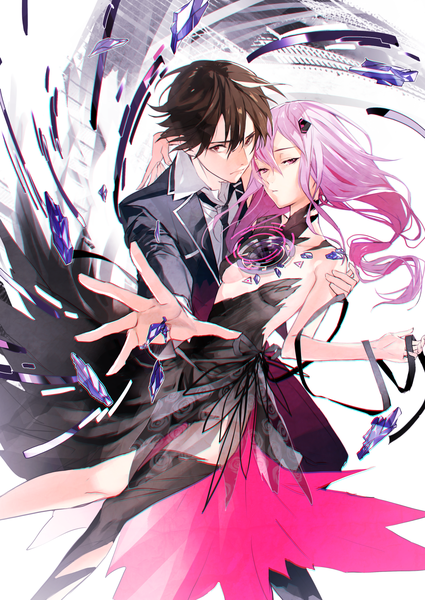 Anime picture 1254x1771 with guilty crown production i.g yuzuriha inori ouma shu g.g.lemon long hair tall image looking at viewer fringe short hair breasts light erotic hair between eyes red eyes brown hair pink hair pink eyes hug outstretched arm anaglyph