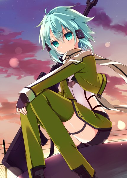 Anime picture 1300x1818 with sword art online a-1 pictures asada shino hoshi (snacherubi) single tall image looking at viewer short hair sitting payot cloud (clouds) ahoge bent knee (knees) aqua eyes aqua hair open jacket from below evening sunset knees touching