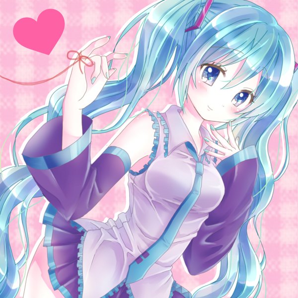 Anime picture 2500x2500 with vocaloid hatsune miku saya7 single blush fringe highres breasts blue eyes hair between eyes twintails bare shoulders payot very long hair nail polish pleated skirt fingernails light smile aqua hair wide sleeves