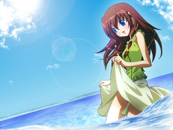 Anime picture 1024x768 with uta-kata tachibana ichika ichika single long hair fringe open mouth blue eyes hair between eyes brown hair standing bare shoulders holding payot sky cloud (clouds) sunlight sleeveless looking down happy