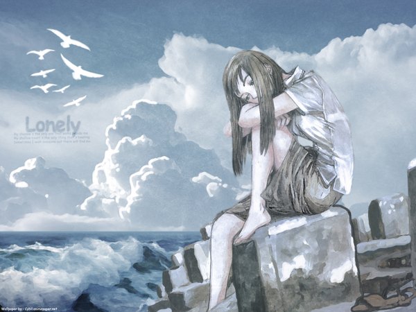 Anime picture 1600x1200 with kenji tsurata sitting girl sea seagull
