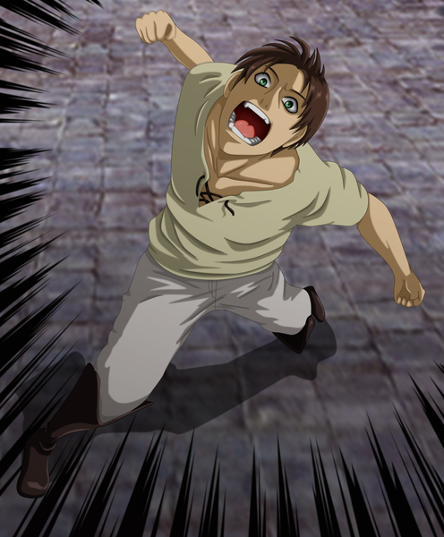 Anime picture 1193x1442 with shingeki no kyojin production i.g eren yaeger flowerinhell single tall image looking at viewer short hair open mouth simple background brown hair green eyes shadow boy boots tongue
