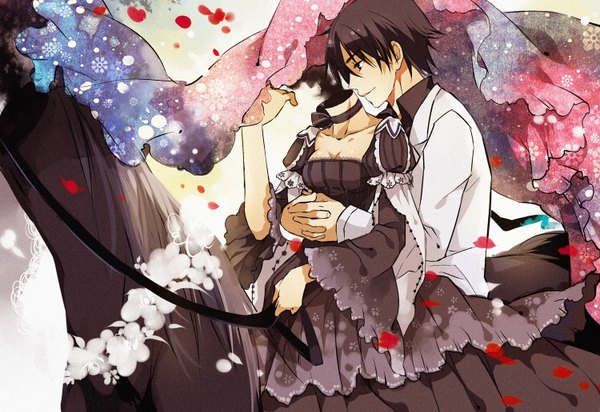 Anime picture 1500x1032 with durarara!! brains base (studio) celty sturluson kishitani shinra lc hi ji (saiyki) couple hug hug from behind formal no glasses headless girl dress boy animal petals horse