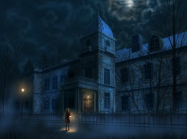 Anime picture 1300x969 with original doora (dora0913) single blonde hair cloud (clouds) ponytail night scenic bare tree fog girl plant (plants) tree (trees) building (buildings) moon cloak lantern fence lamppost