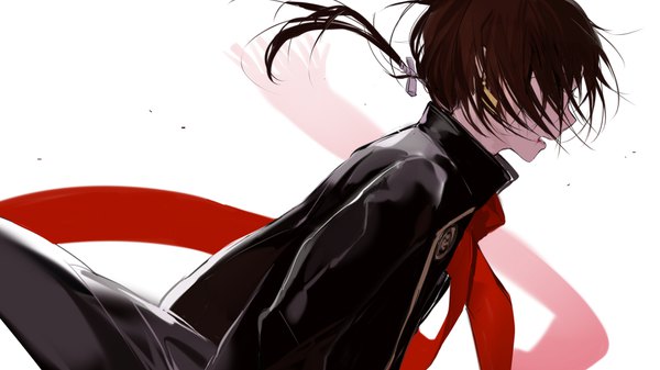 Anime picture 1920x1080 with touken ranbu nitroplus kashuu kiyomitsu qidai single long hair highres open mouth simple background brown hair wide image white background profile low ponytail falling hair over eyes boy earrings scarf red scarf