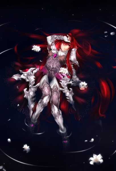 Anime picture 1600x2350 with original fi-san single tall image red eyes red hair lying very long hair sad girl flower (flowers) water armor