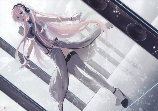 Anime picture 4260x3008 with vocaloid megurine luka rioko single long hair highres open mouth blue eyes bare shoulders pink hair absurdres spread arms girl thighhighs white thighhighs bracelet headphones speakers
