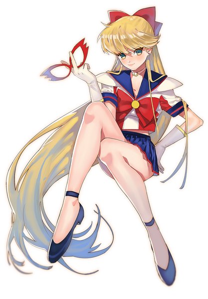 Anime picture 1659x2384 with bishoujo senshi sailor moon toei animation aino minako sailor venus arutera single tall image blush blonde hair white background yellow eyes very long hair legs girl skirt gloves bow hair bow miniskirt white gloves