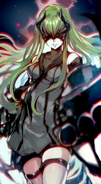 Anime picture 500x910 with kantai collection code geass sunrise (studio) c.c. light cruiser hime creayus single long hair tall image fringe smile standing signed parted lips horn (horns) green hair cosplay fighting stance covering eye (eyes) shinkaisei-kan