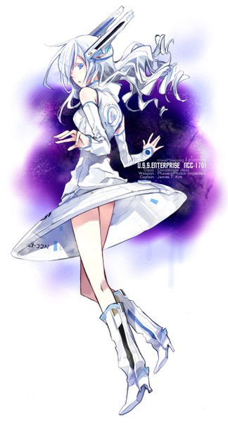 Anime picture 700x1296 with star trek u.s.s. enterprise omix (artist) single long hair tall image fringe blue eyes simple background standing bare shoulders silver hair bent knee (knees) looking back hair over one eye drill hair wavy hair girl skirt detached sleeves