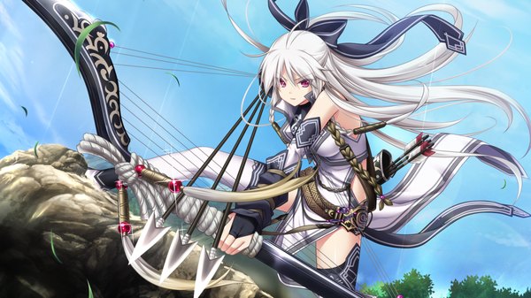 Anime picture 1280x720 with kami no rhapsody eushully mistoria (kami no rhapsody) single long hair looking at viewer red eyes wide image game cg white hair girl thighhighs dress bow weapon hair bow white thighhighs bow (weapon) arrow (arrows)