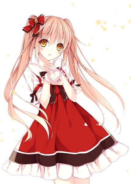 Anime picture 648x906 with original mochizuki shiina single long hair tall image looking at viewer blush white background twintails yellow eyes pink hair valentine girl dress bow hair bow heart