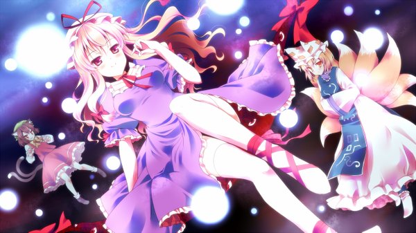 Anime picture 1350x759 with touhou yakumo yukari yakumo ran chen yube (skyhacker) long hair blush short hair blonde hair smile red eyes brown hair wide image multiple girls animal ears cat ears cat girl cat tail fox ears fox tail