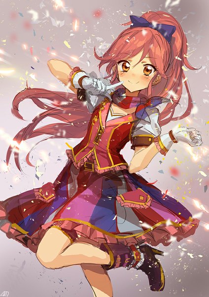 Anime picture 700x991 with aikatsu! otoshiro seira lm7 (op-center) single long hair tall image looking at viewer blush ponytail red hair sketch dancing girl dress gloves bow hair bow shoes white gloves