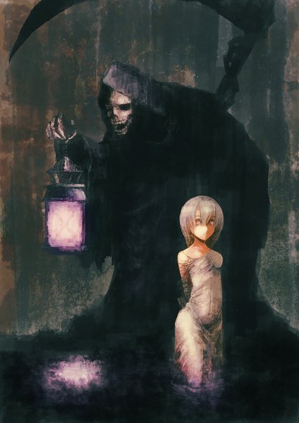 Anime picture 1000x1414 with original death (entity) grim reaper blackball (artist) tall image short hair open mouth blonde hair bare shoulders brown eyes teeth hands behind back girl dress weapon water hood skull lantern mantle