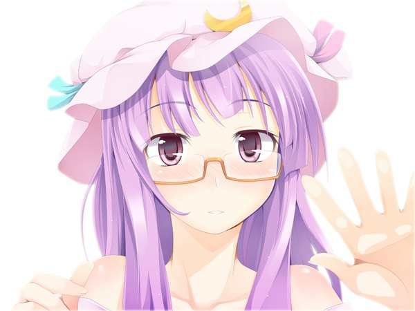 Anime picture 1600x1200 with touhou patchouli knowledge ogami kazuki long hair blush purple eyes purple hair bespectacled girl hat glasses