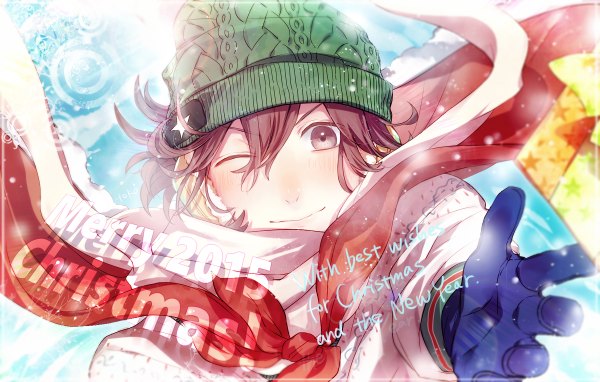 Anime picture 1200x764 with uta no prince-sama a-1 pictures kotobuki reiji toko single looking at viewer blush short hair smile hair between eyes brown hair brown eyes one eye closed from above wind wink text outstretched arm christmas english