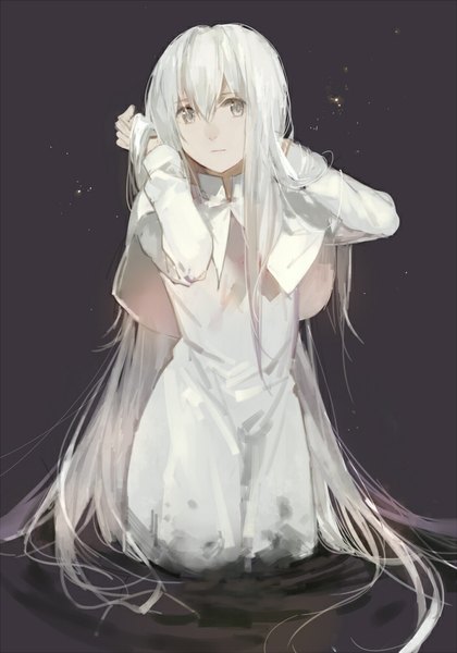 Anime picture 700x1000 with original cotta single long hair tall image looking at viewer blush breasts white hair very long hair adjusting hair flat chest silver eyes girl dress water white dress