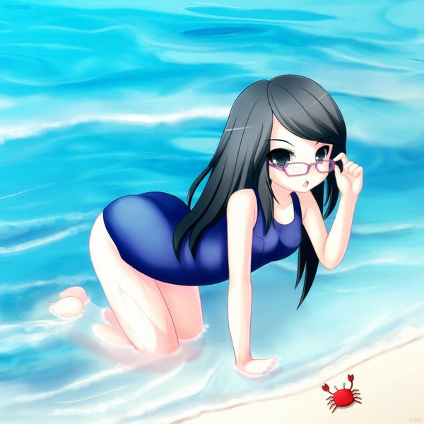 Anime picture 1200x1200 with original acage (artist) long hair black hair black eyes girl swimsuit water glasses one-piece swimsuit school swimsuit