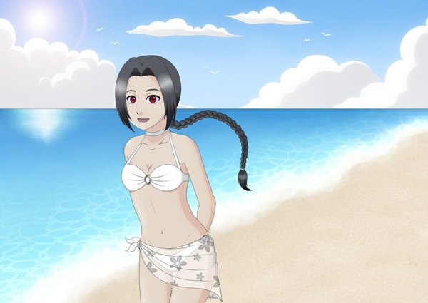 Anime picture 1023x725 with tagme (artist) single long hair open mouth black hair red eyes cloud (clouds) braid (braids) beach girl navel swimsuit bikini sea sun