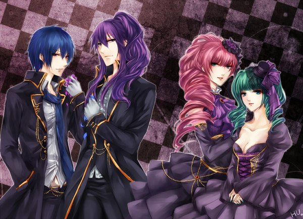 Anime picture 1108x800 with vocaloid hatsune miku megurine luka kaito (vocaloid) kamui gakupo long hair short hair blue eyes purple eyes multiple girls blue hair pink hair purple hair green hair group hand in pocket checkered checkered background victorian girl