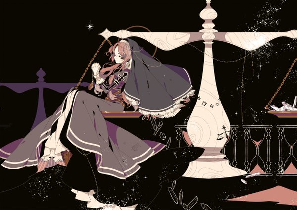 Anime picture 2480x1753 with original shikimi (yurakuru) single long hair highres blue eyes brown hair sitting looking away zodiac praying libra (zodiac) girl dress black dress clock pocket watch hourglass weighing scale