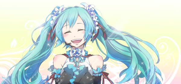 Anime picture 1200x562 with vocaloid hatsune miku haru aki single blush fringe open mouth smile wide image twintails payot eyes closed very long hair head tilt hair flower aqua hair wide sleeves teeth sparkle tattoo
