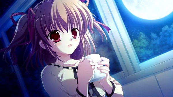 Anime picture 1280x720 with root double toba mashiro short hair red eyes brown hair wide image twintails game cg short twintails girl ribbon (ribbons) hair ribbon window moon