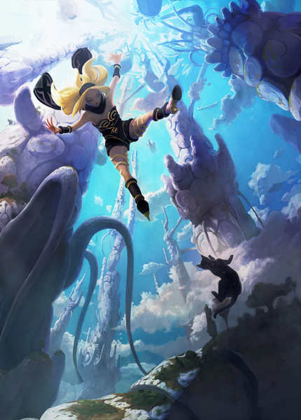 Anime picture 1920x2676 with gravity daze kat (gravity daze) dusty (gravity daze) single long hair tall image highres open mouth blonde hair bare shoulders sky cloud (clouds) wind official art high heels spread legs spread arms weightlessness girl animal