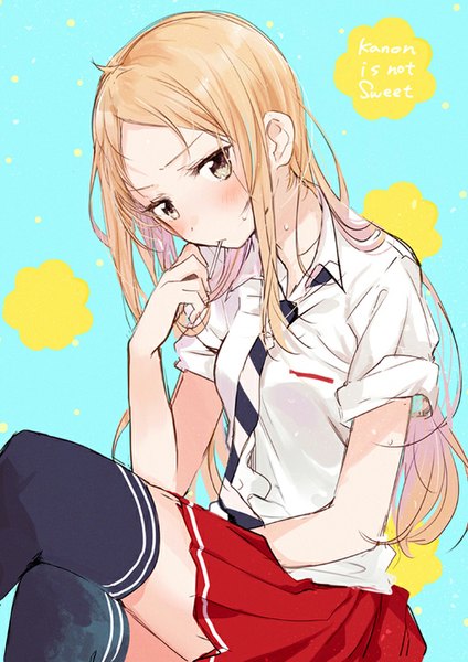 Anime picture 661x936 with hazuki kanon wa amakunai. fly (marguerite) single long hair tall image blush breasts blonde hair simple background brown eyes head tilt pleated skirt short sleeves zettai ryouiki crossed legs floral print blue background open collar frown girl