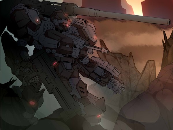 Anime picture 2000x1500 with armored core dual face karasawa-40 single highres evening sunset mountain gun mecha