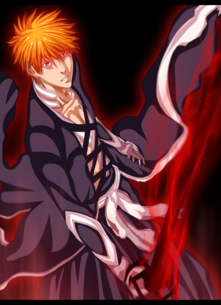 Anime picture 723x1000 with bleach studio pierrot kurosaki ichigo iawessome single tall image short hair simple background traditional clothes japanese clothes pink eyes from above orange hair coloring magic black background boy weapon sword belt