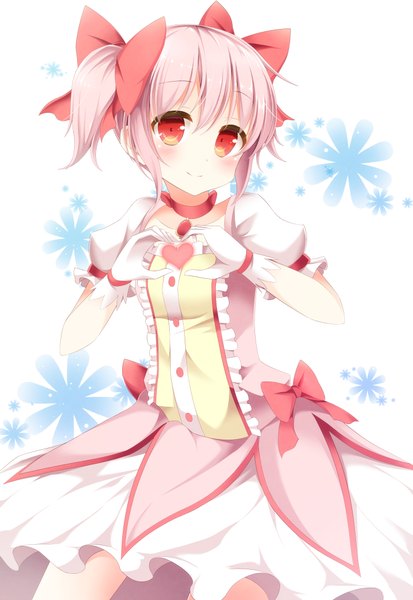 Anime picture 1479x2148 with mahou shoujo madoka magica shaft (studio) kaname madoka aibumi single tall image looking at viewer blush short hair red eyes twintails pink hair light smile short twintails magical girl heart hands girl dress bow hair bow