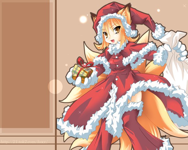 Anime picture 1280x1024 with touhou yakumo ran kazami karasu fur trim fox girl christmas girl fur santa claus hat fur collar