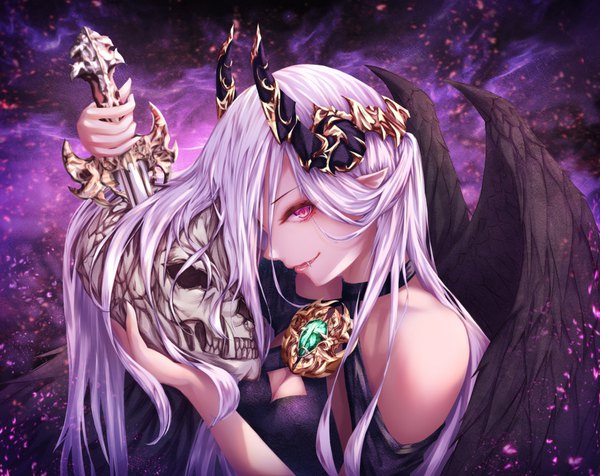 Anime picture 907x720 with original h2o (dfo) single long hair looking at viewer bare shoulders holding silver hair profile pink eyes horn (horns) pointy ears fang (fangs) black wings girl weapon wings skull