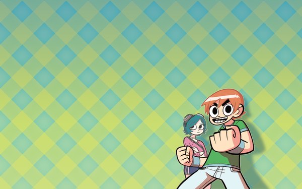 Anime picture 1920x1200 with scott pilgrim scott pilgrim (character) ramona flowers bryan lee o'malley highres simple background brown hair wide image aqua hair crossed arms girl boy t-shirt goggles wristlet fist jeans