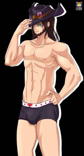 Anime picture 704x1300 with league of legends twisted fate (league of legends) kyoffie12 single long hair tall image looking at viewer blue eyes light erotic black hair simple background light smile hand on hip underwear only black background sidewhiskers boy navel underwear panties