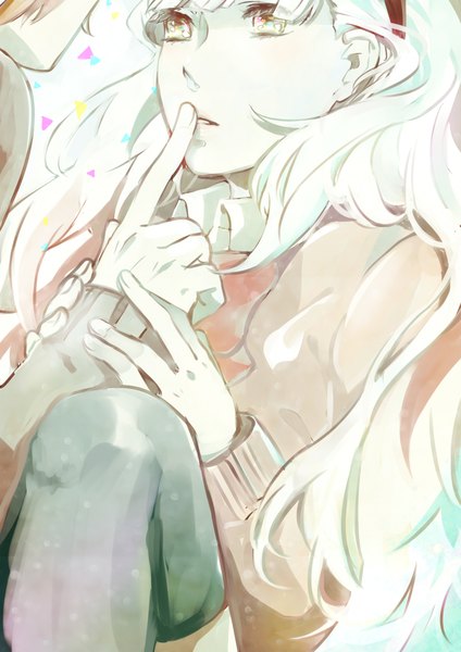 Anime picture 1653x2338 with vocaloid mayu (vocaloid) chako futoshi (artist) long hair tall image fringe white hair lips finger to mouth pale skin girl thighhighs boy sweater