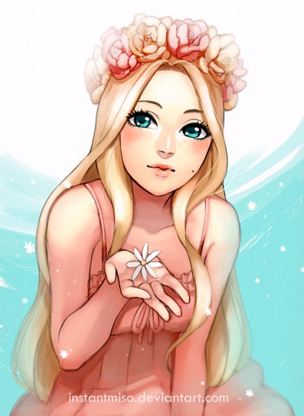 Anime picture 800x1092 with tagme (copyright) instantmiso single long hair tall image blush simple background blonde hair white background holding aqua eyes mole leaning leaning forward aqua background girl dress flower (flowers) wreath pink dress