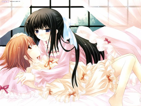 Anime picture 1794x1353 with sakurazawa izumi long hair highres short hair blue eyes black hair multiple girls shoujo ai girl ribbon (ribbons) 2 girls window bed pajamas