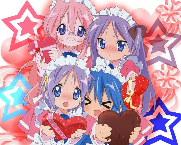 Anime picture 1280x1024 with lucky star kyoto animation izumi konata hiiragi kagami hiiragi tsukasa takara miyuki maid valentine jpeg artifacts girl