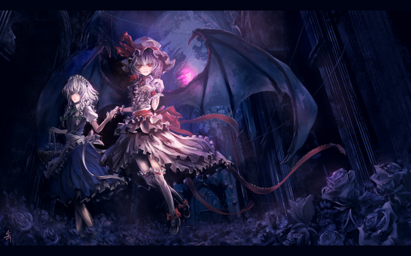 Anime picture 1440x900 with touhou remilia scarlet izayoi sakuya archlich short hair red eyes wide image multiple girls white hair braid (braids) maid twin braids flying bat wings red moon girl thighhighs dress bow ribbon (ribbons)
