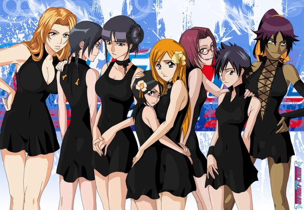 Anime picture 1539x1065 with bleach studio pierrot kuchiki rukia inoue orihime shihouin yoruichi matsumoto rangiku kurotsuchi nemu ise nanao arisawa tatsuki honsho chizuru ioshik stikyfinkaz-003 long hair highres short hair blue eyes light erotic black hair smile purple eyes