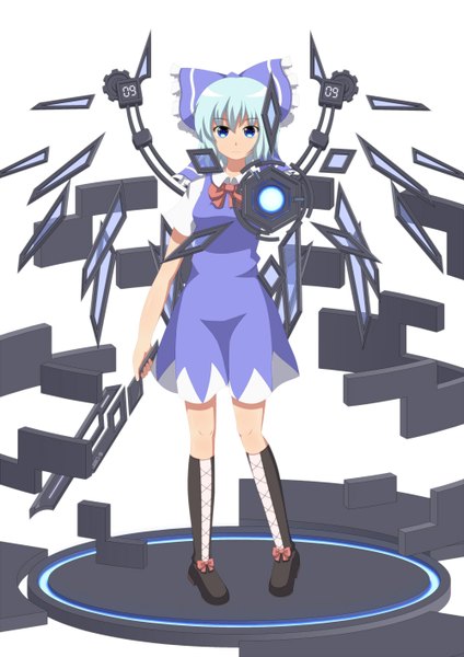 Anime picture 1000x1414 with touhou cirno kinakomoti (artist) single tall image looking at viewer short hair blue eyes simple background white background blue hair girl dress bow hair bow boots