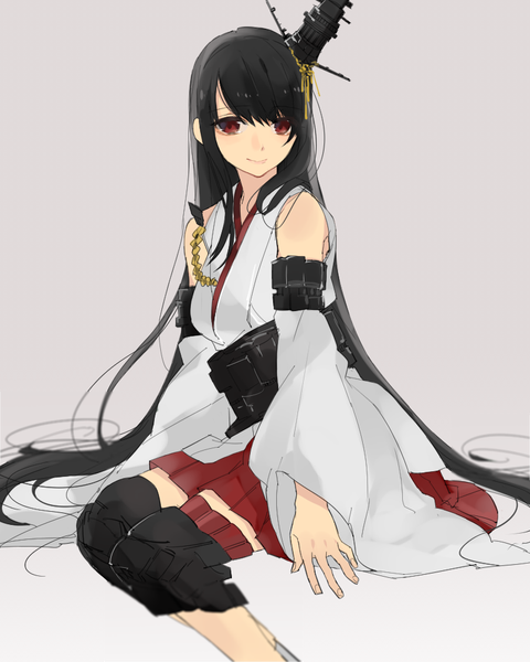 Anime picture 800x1000 with kantai collection fusou battleship hita (hitapita) single tall image looking at viewer fringe black hair simple background smile red eyes sitting bare shoulders very long hair traditional clothes japanese clothes grey background nontraditional miko girl hair ornament